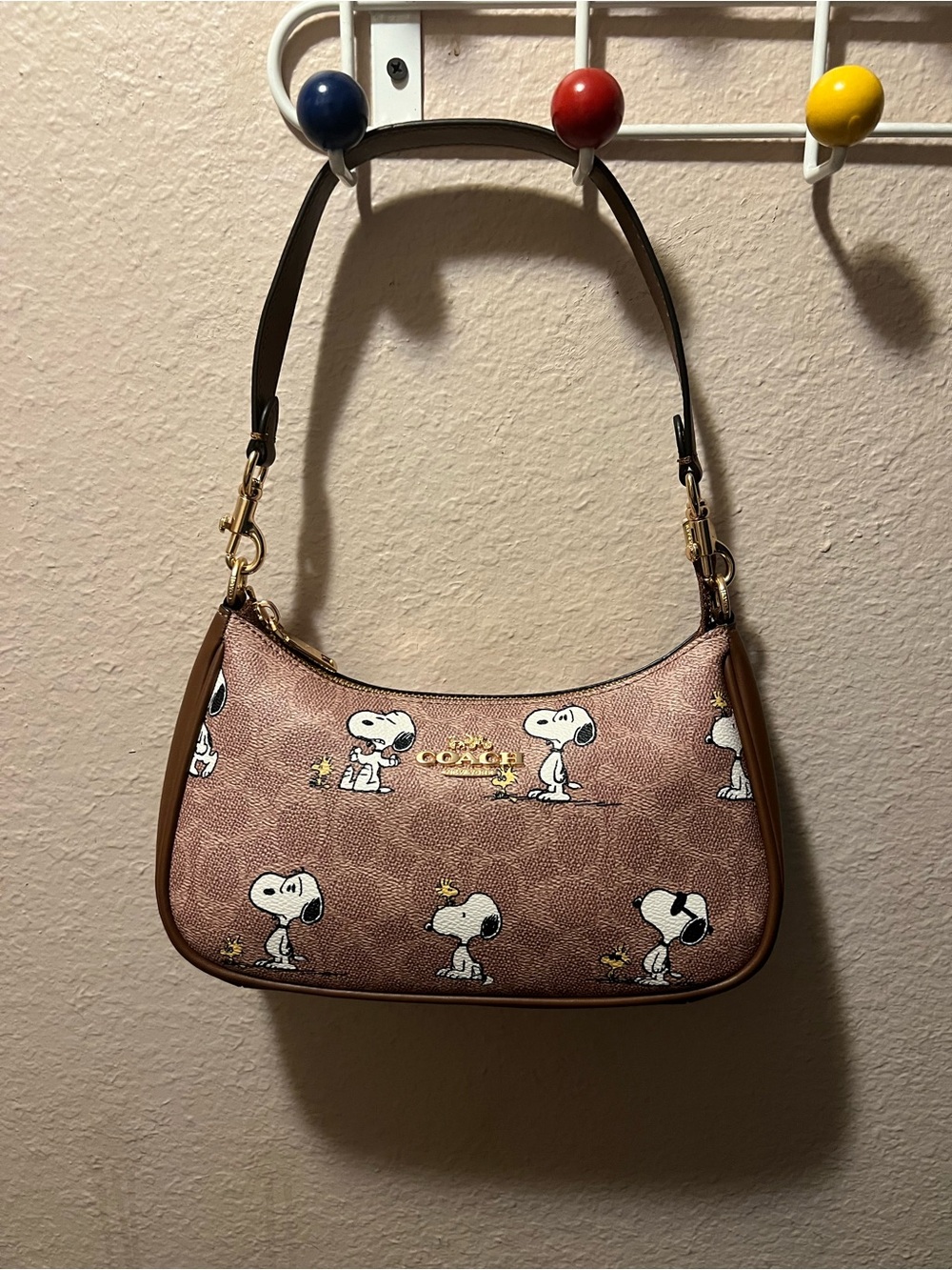 Coach Brown Snoopy Print Leather Shoulder Bag